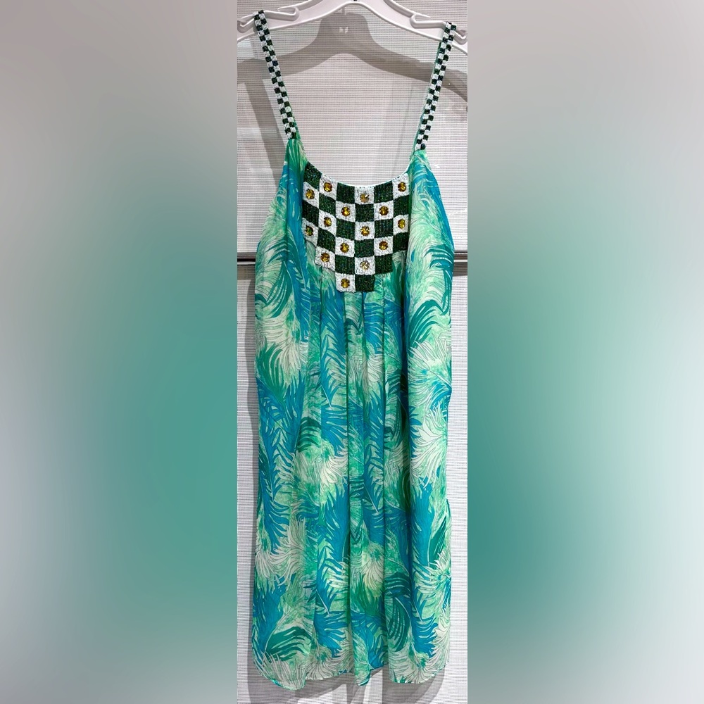 Calypso St. Barths Aqua Print Dress with Beading Silk Size S